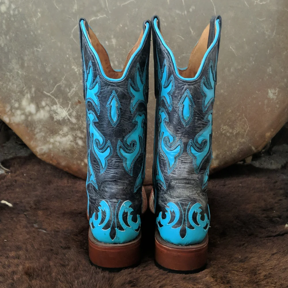 JOHNNY RINGO E1385 charcoal gray & turquoise wing tip boots square toe sz 6.5B - Picture 4 of 16